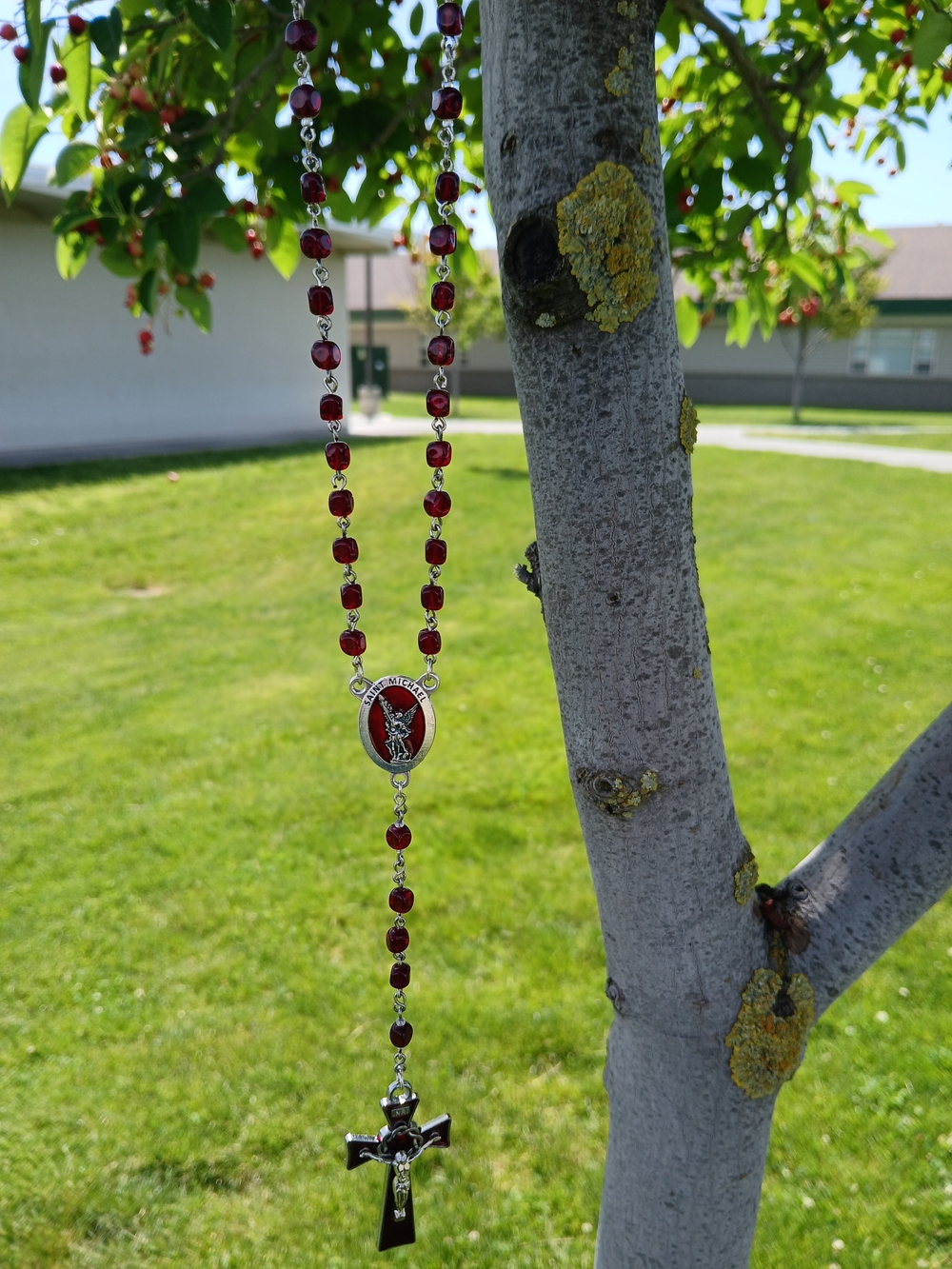 Saint Michael Red Bead Rosary Necklace - Picture 2 of 6